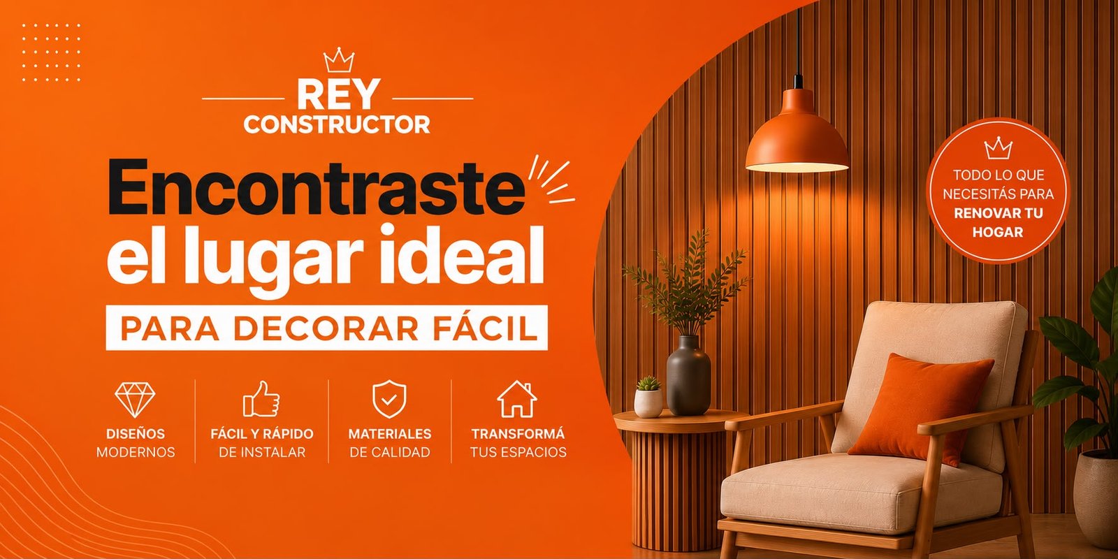 Rey Constructor: encontraste el lugar ideal para decorar fácil. Ambiente con revestimiento de madera y detalles naranjas.